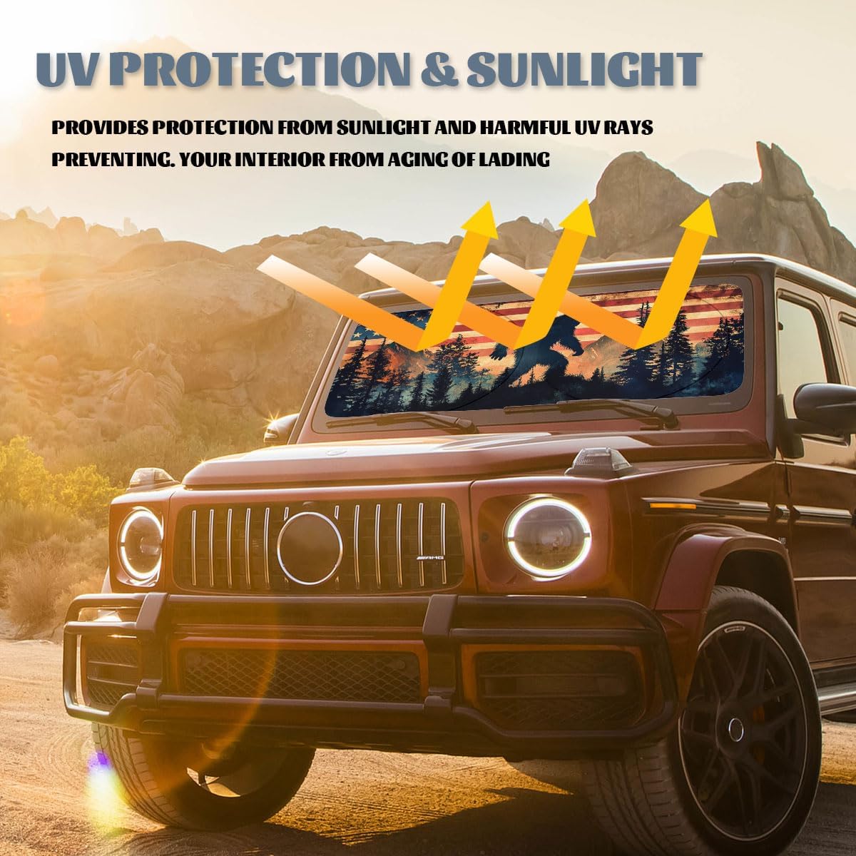 Bigfoot Mountain Car Windshield Sun Shade - American Flag Heatshield Blocks UV Rays Sun Visor Protector for Sedan, Truck, SUV - 59" L x 31.5" W
