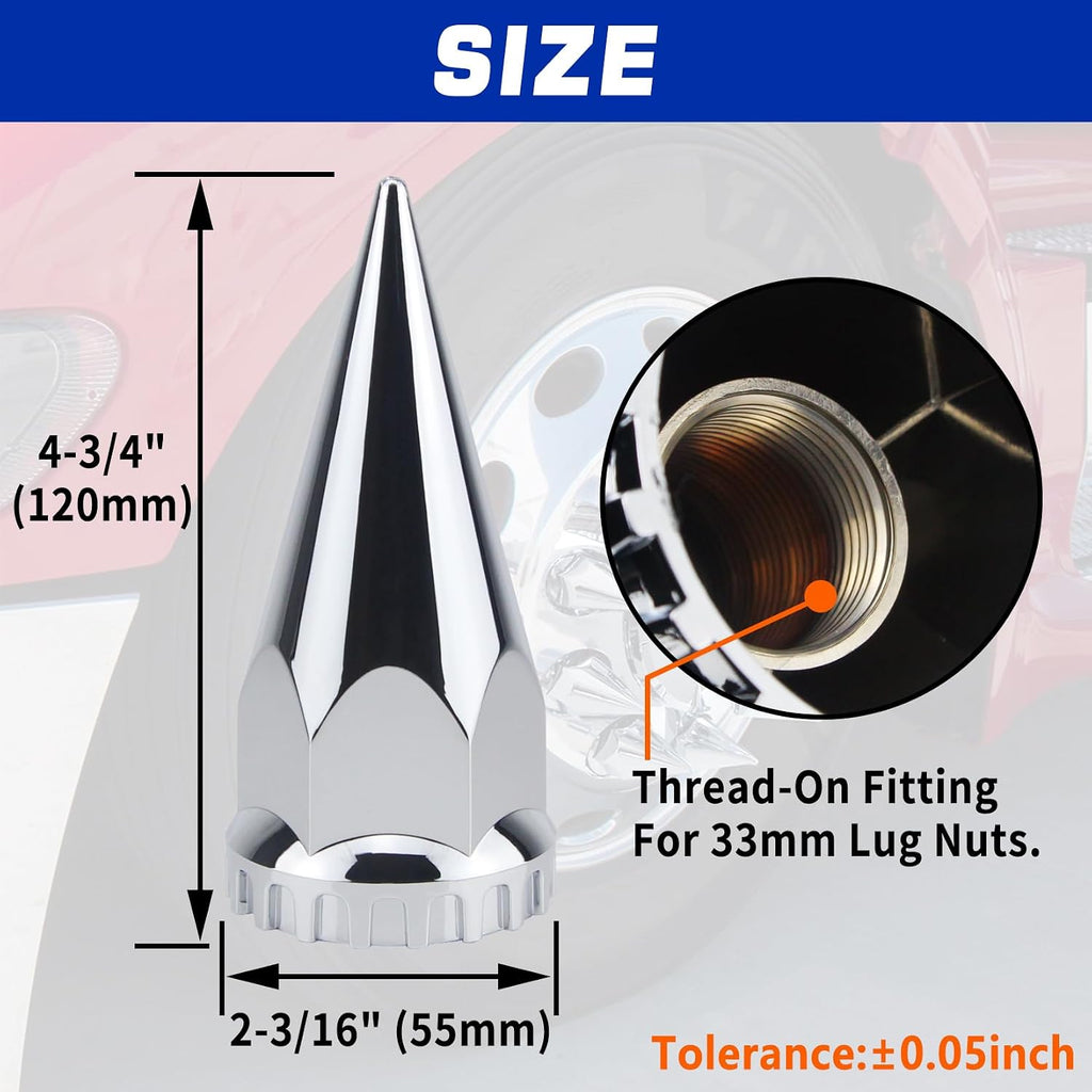 33mm x 4 3/4" Thread On Spike Lug Nut Covers Screw On, ABS Chrome Plastic Pointed Screw-on Lug Nuts Cover for Semi Trucks, Chromed Spiked Lug Nut Caps Pack of 20
