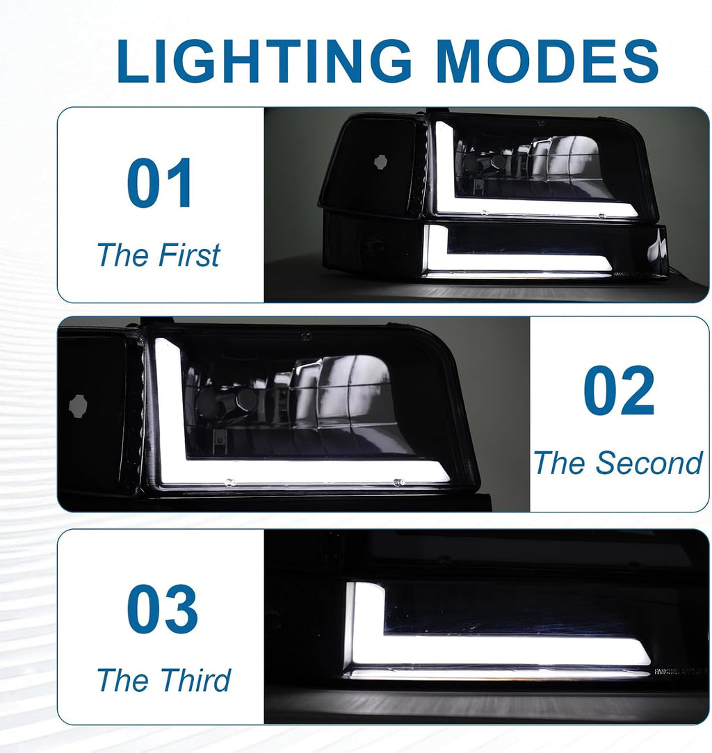 LED DRL Headlights Compatible with 1992-1996 Ford F150 F250 F350 & Bronco Replacements Headlamp Clear Reflector Black Housing