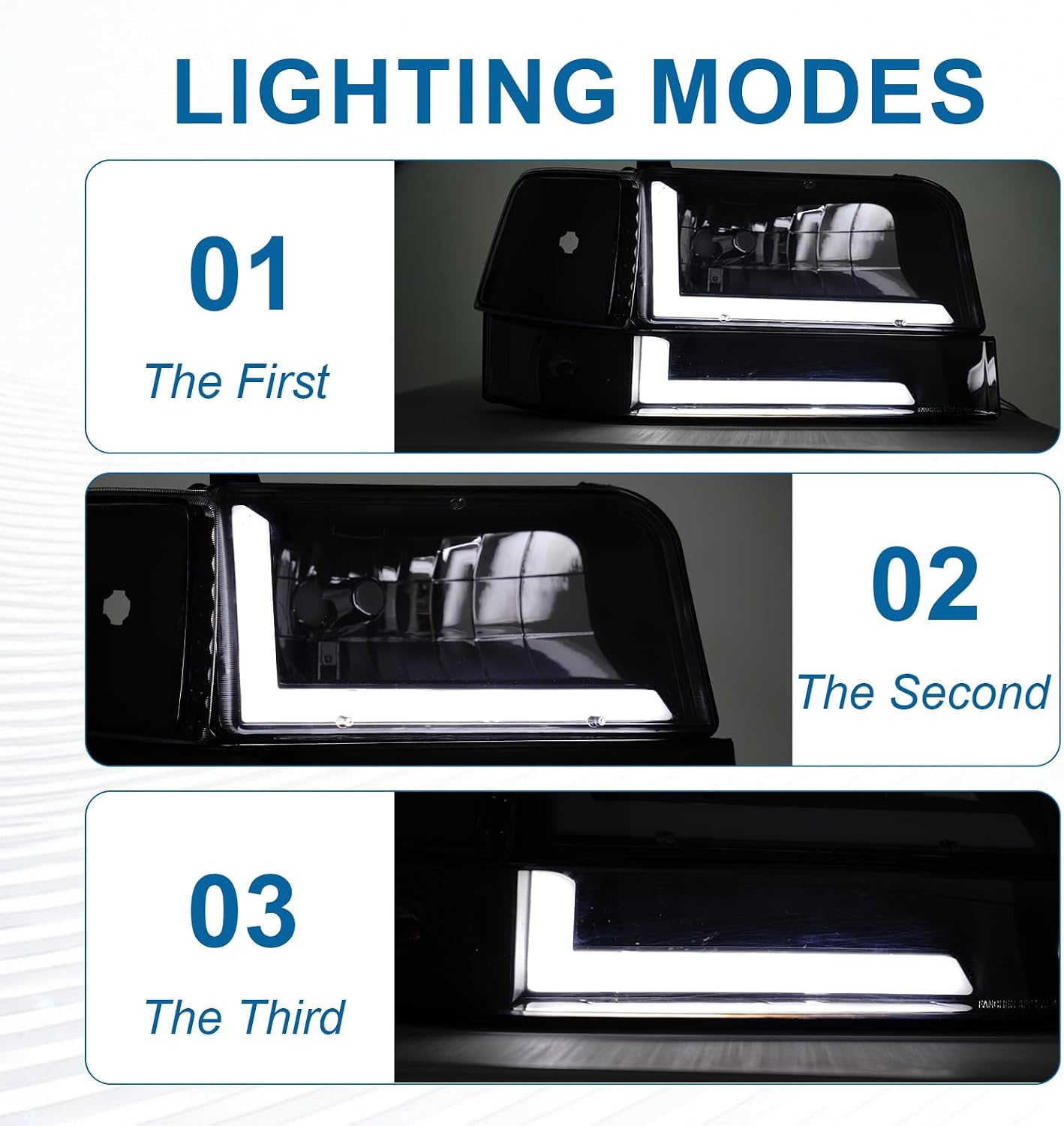 LED DRL Headlights Compatible with 1992-1996 Ford F150 F250 F350 & Bronco Replacements Headlamp Clear Reflector Black Housing