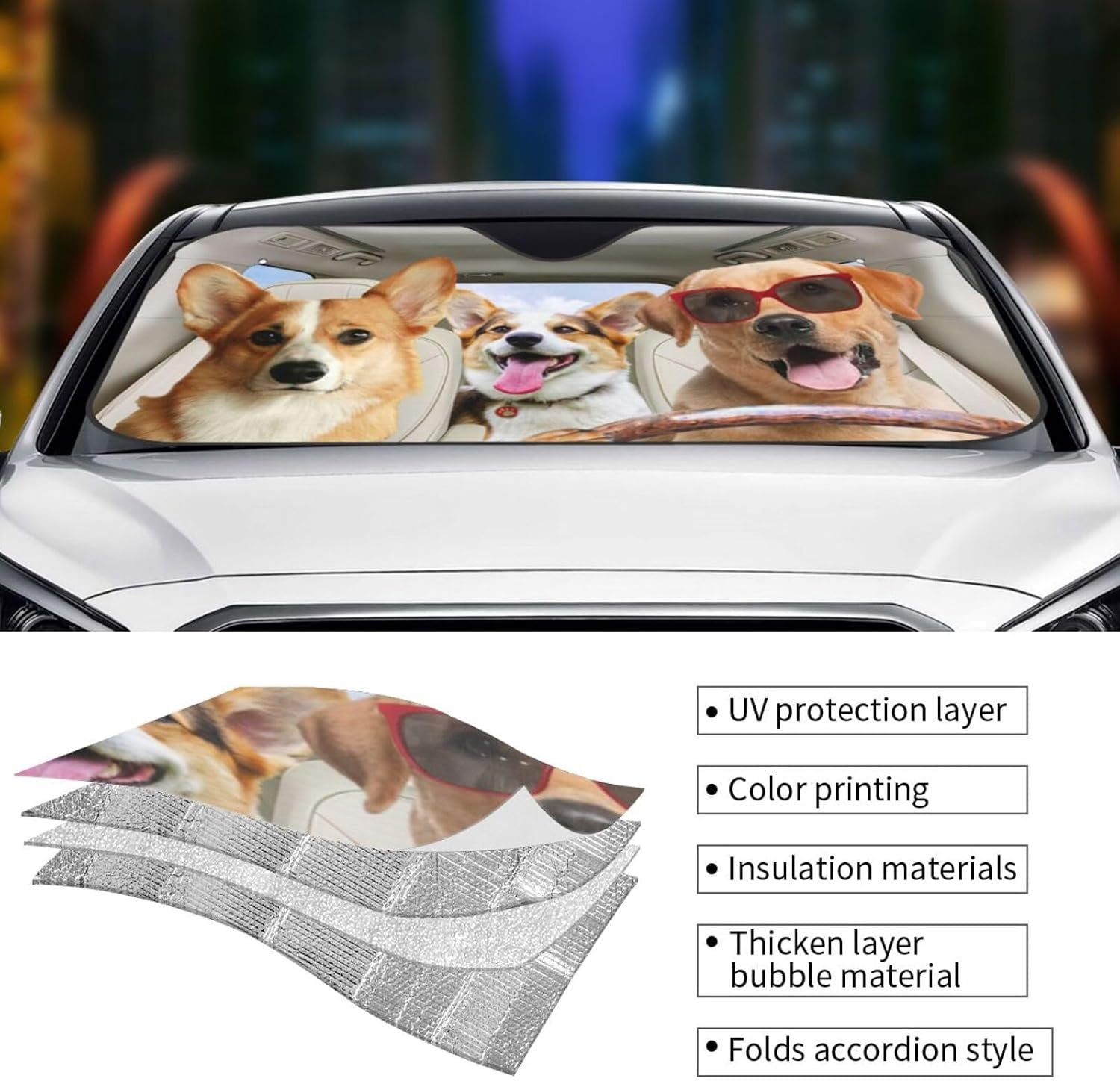 Custom Pet Windshield Sunshade with Photo, Funny Dog Cat Driving Car Front Windshield Sun Shade UV Rays and Keeps Your Vehicle Cool Foldable Auto Sunshade for Car Truck SUV Auto