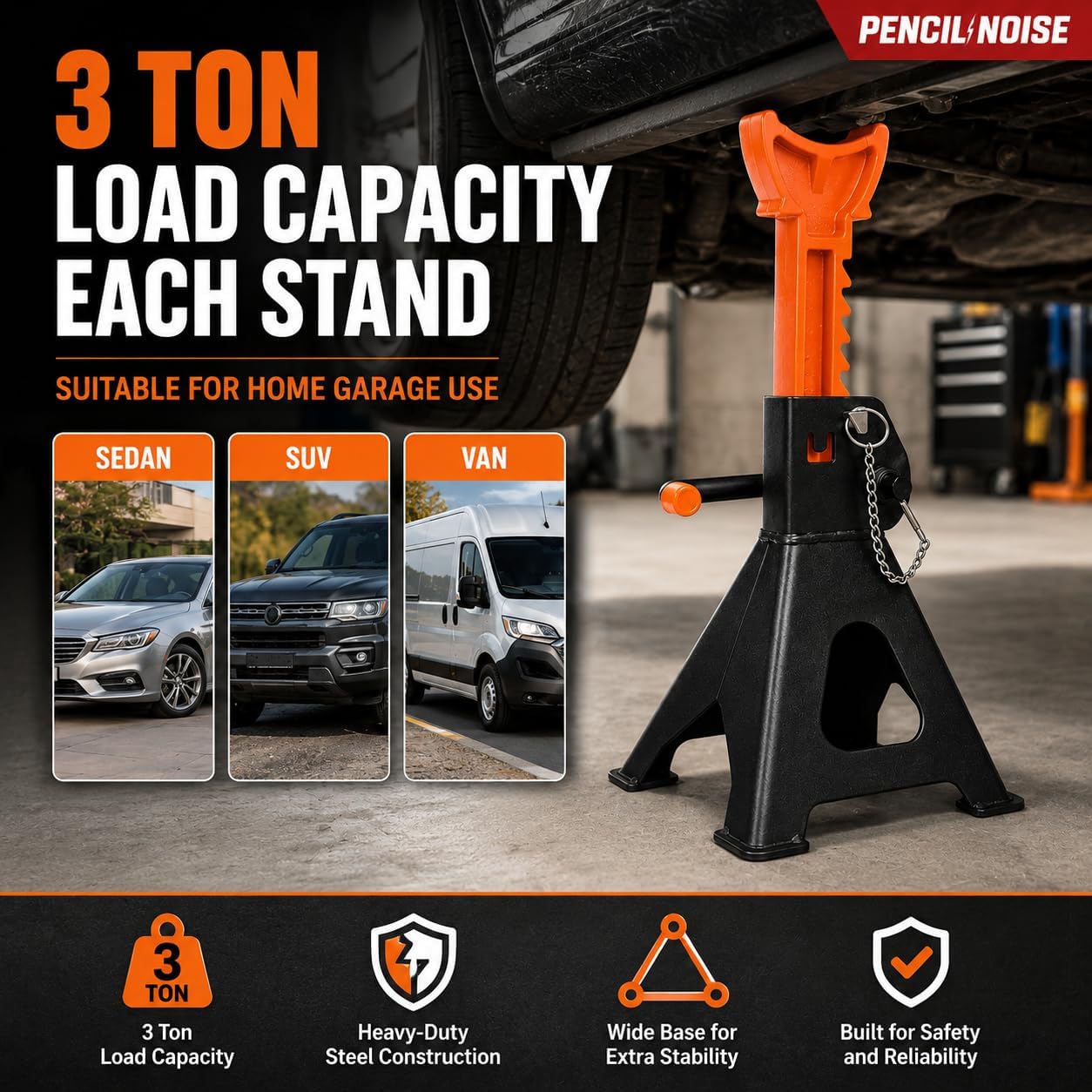 3 Ton Jack Stands with Double Locking and Large Foot Base,Heavy Duty Car Jack Stand for SUV, Car, UTV/ATV Garage Lifting Tool Emergency, 1 Pair (Black Orange)