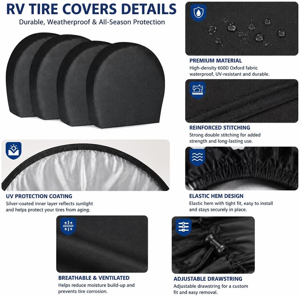 4 pcs RV Tire Covers for Winnebago Vista LX 2010s-present, Heavy Duty Wheel Covers Fits Motorhome & Trailer Tires Outdoor Parking Storage Sun Rain Snow Dust Easy Fit