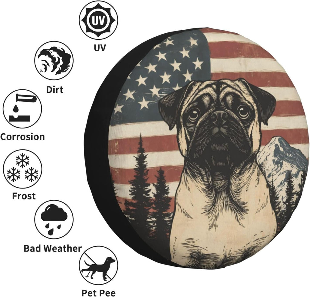 Spare Tire Cover for RV Camper, Pug American Flag Tire Cover Protectors, Weatherproof Universal Wheel Cover for RV Travel Trailer Camper Truck 14in