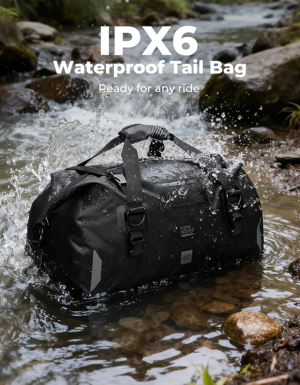 KEMIMOTO Waterproof Motorcycle Dry Bag – Duffle Tail Bag Soft Luggage, 25L/40L/65L Large Capacity with 4 Quick-Release Straps, Dustproof for Touring, Adventure, Motorcycling & Camping Black