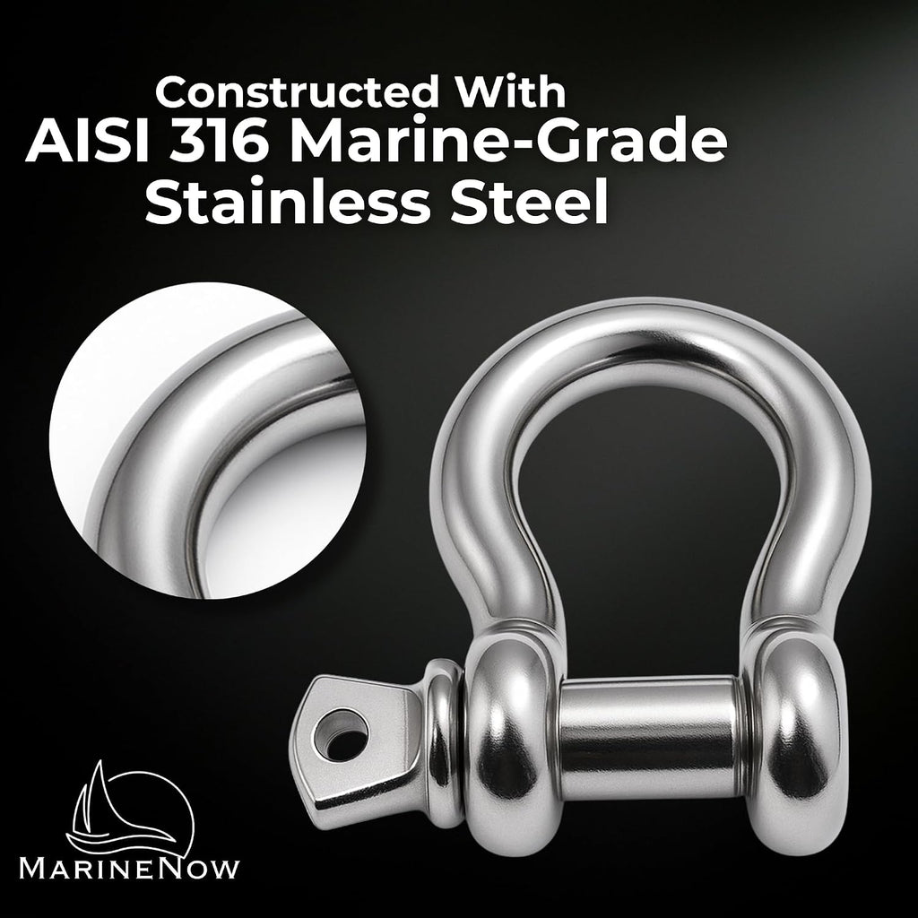 MarineNow 316 Stainless Steel Bow Shackle with Oversized Screw Pin, Marine-Grade Hardware for Anchor Lines, Towing, Dinghies, Canoes, Trailers, Utility Tie-Downs & Off-Road Recovery