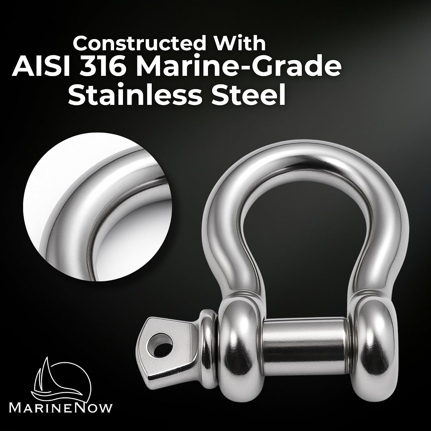 MarineNow 316 Stainless Steel Bow Shackle with Oversized Screw Pin, Marine-Grade Hardware for Anchor Lines, Towing, Dinghies, Canoes, Trailers, Utility Tie-Downs & Off-Road Recovery