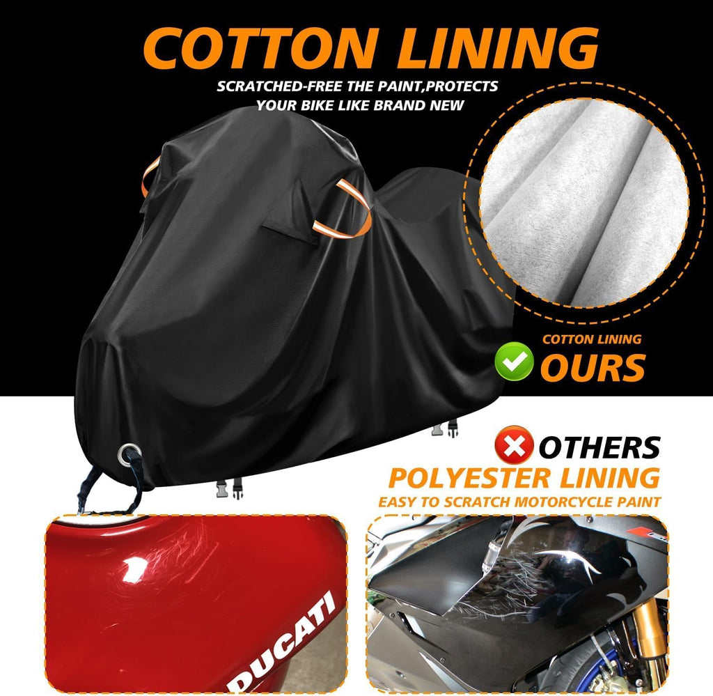 Motorcycle Cover Waterproof Outdoor,Scratch-Proof Cotton Fleece Lining | Weatherproof Moped Scooter and Dirt Bike Storage Cover,with Secure Buckles,Air Vents,Lock Holes,Storage Bag,108x43x55