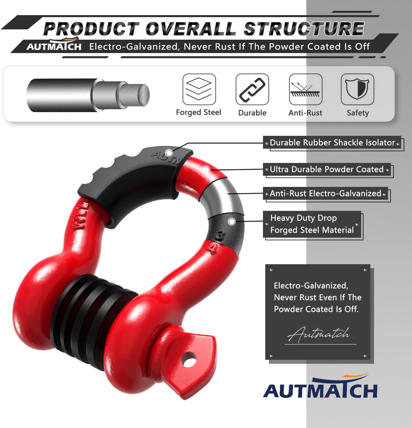 AUTMATCH D Ring Shackle 3/4" Shackles (2 Pack) 41,887Ibs Break Strength - Clevis Shackles with 7/8" Screw Pin and Shackle Isolator Washers Kit for Tow Strap Winch Off Road Vehicle Recovery, Red