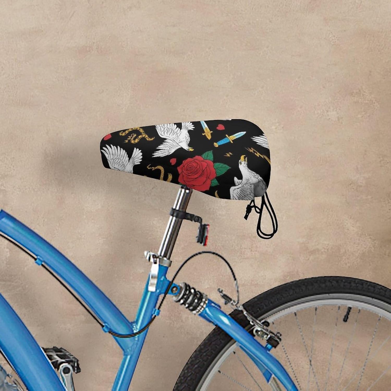 Cool Rock Wild Eagle Red Rose Skull Floral Bike Seat Cover Outdoor Cycling Class And Stationary Bikes Spin Bike, Waterproof Bike Cushion Saddle Protector with Adjustable Drawstring