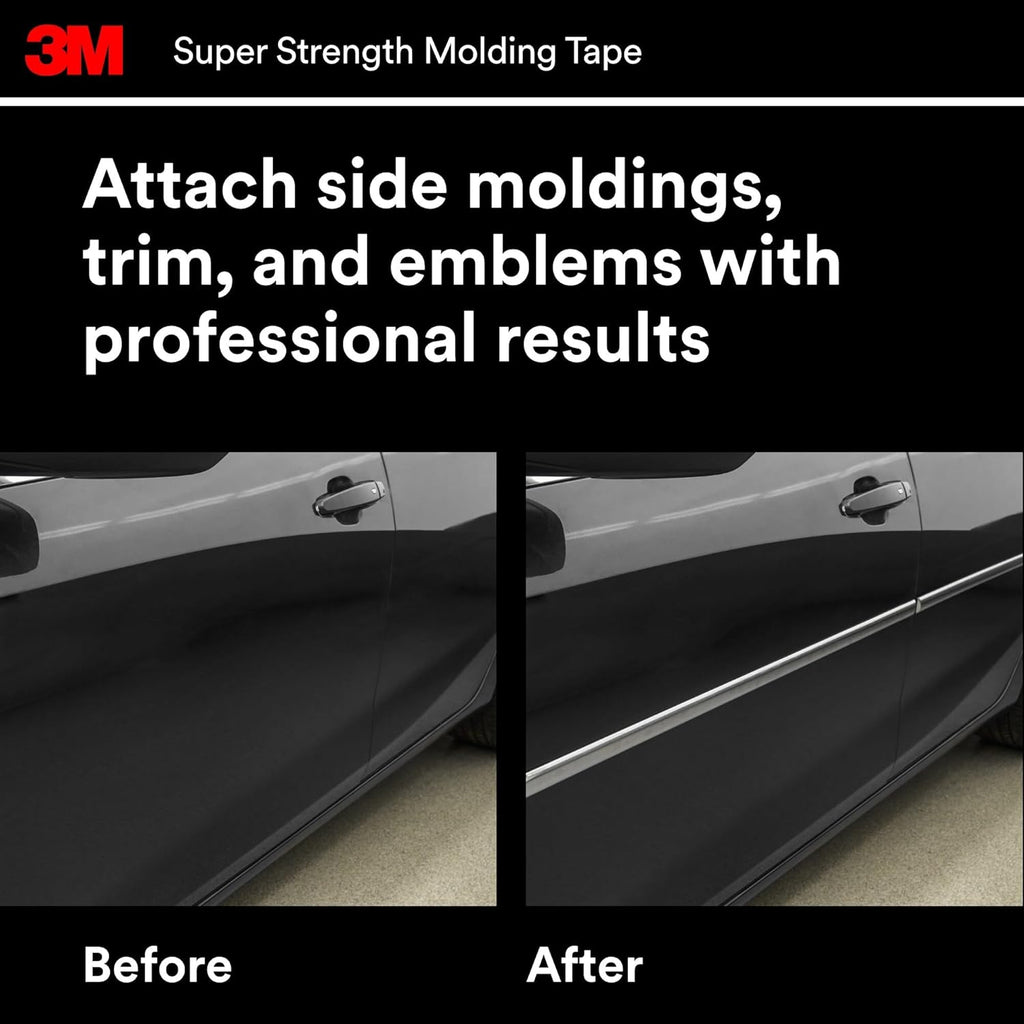 3M Super-Strength Molding Tape, 1/2 in x 15 ft, High Strength Double-Sided Adhesive, Permanently Attaches Side Moldings, Trim and Emblems to Interior and Exterior of Vehicles (03614)