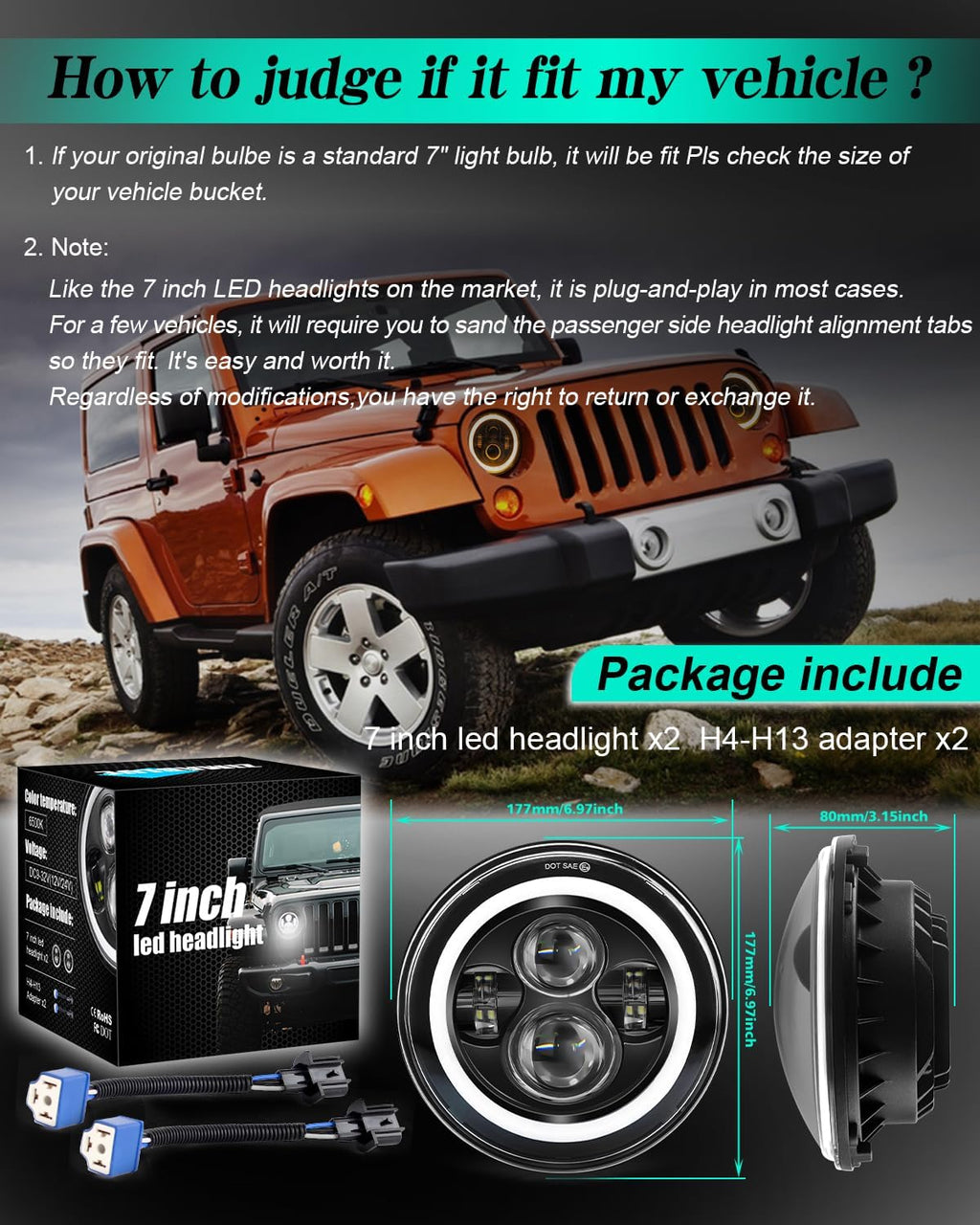 ZIMABLUE 7 inch led Headlight Round 2pc Projector 7 inch Halo led Headlight H6024 DOT Approved Hi/Lo Beam DRL Amber Turn Signal Compatible with Jeep Wrangler JK TJ CJ Compatible with Chevy and miata