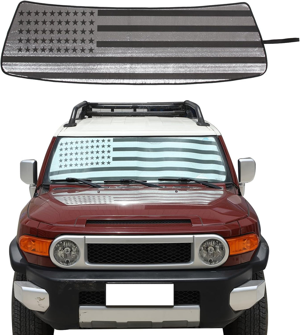 Windshield Sunshade Fit for Toyota FJ Cruiser 2007-2021, Folding Car Sun Shade for Front Window, Auto Sun Protection Visors Blocks UV Rays and Keeps Vehicle Cool, 1PC, American Flag Pattern