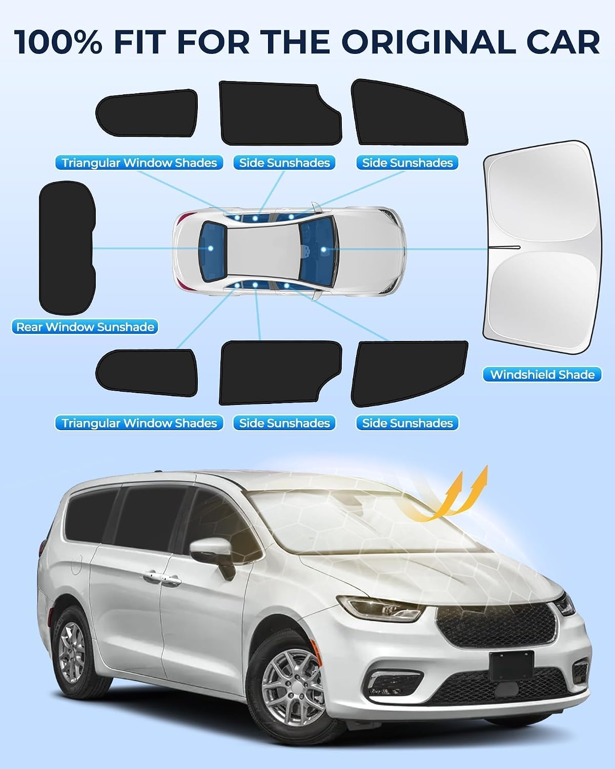 Car Window Shades for Chrysler Pacifica/Pacifica Hybrid 2017-2025, 8pcs Privacy Sun Shade Set for Front Windshield Side and Rear Windows, Full Window Covers Keeps Vehicle Cool for Camping Napping