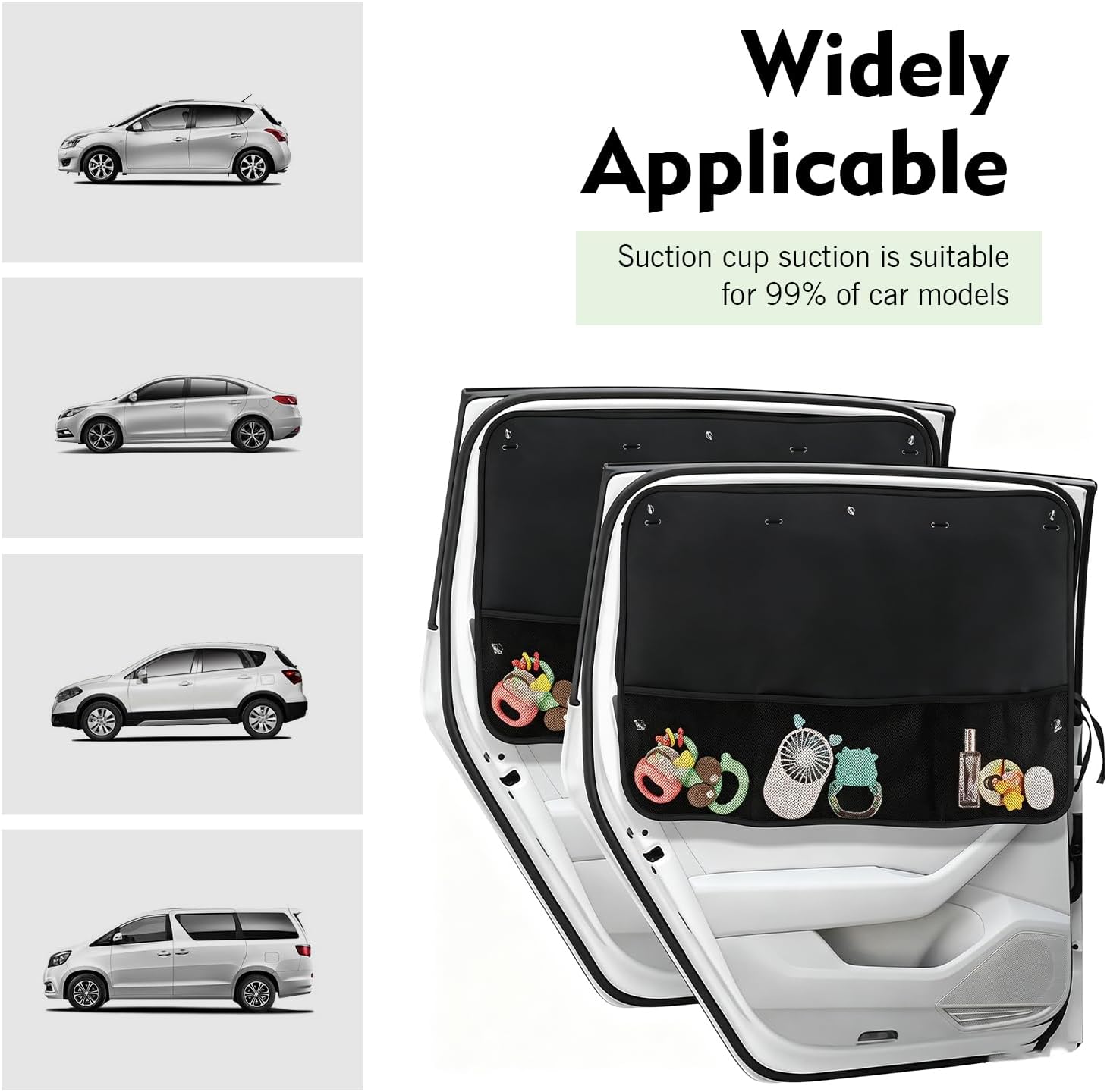 Car Sun Shade Side Window, Blackout Car Window Shades for Baby with Storage Net Pockets, Heat Insulation Privacy Sunshade with Suction Cups, Universal for Most Vehicles (Black)