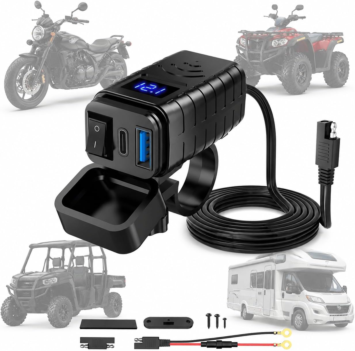 USB Charger for Motorcycle Yamaha Grizzly 2014-2015 Waterproof QC3.0 USB-C PD SAE Power Socket with Voltmeter for ATV UTV RV Boat