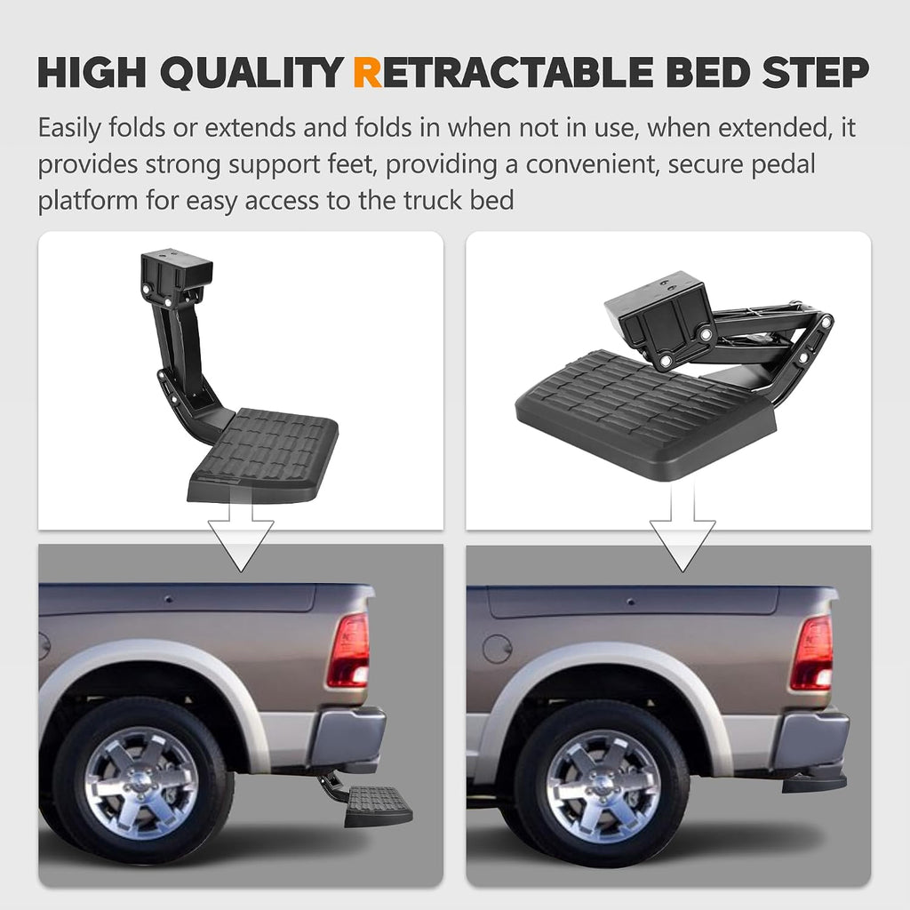 75306-01A Rear Bed Step Compatible with 2009-2018 Dodge Ram 1500, Ram 2500/3500 (Excludes Dual Exhaust & EcoDiesel Models) Retractable Bumper Tailgate Step