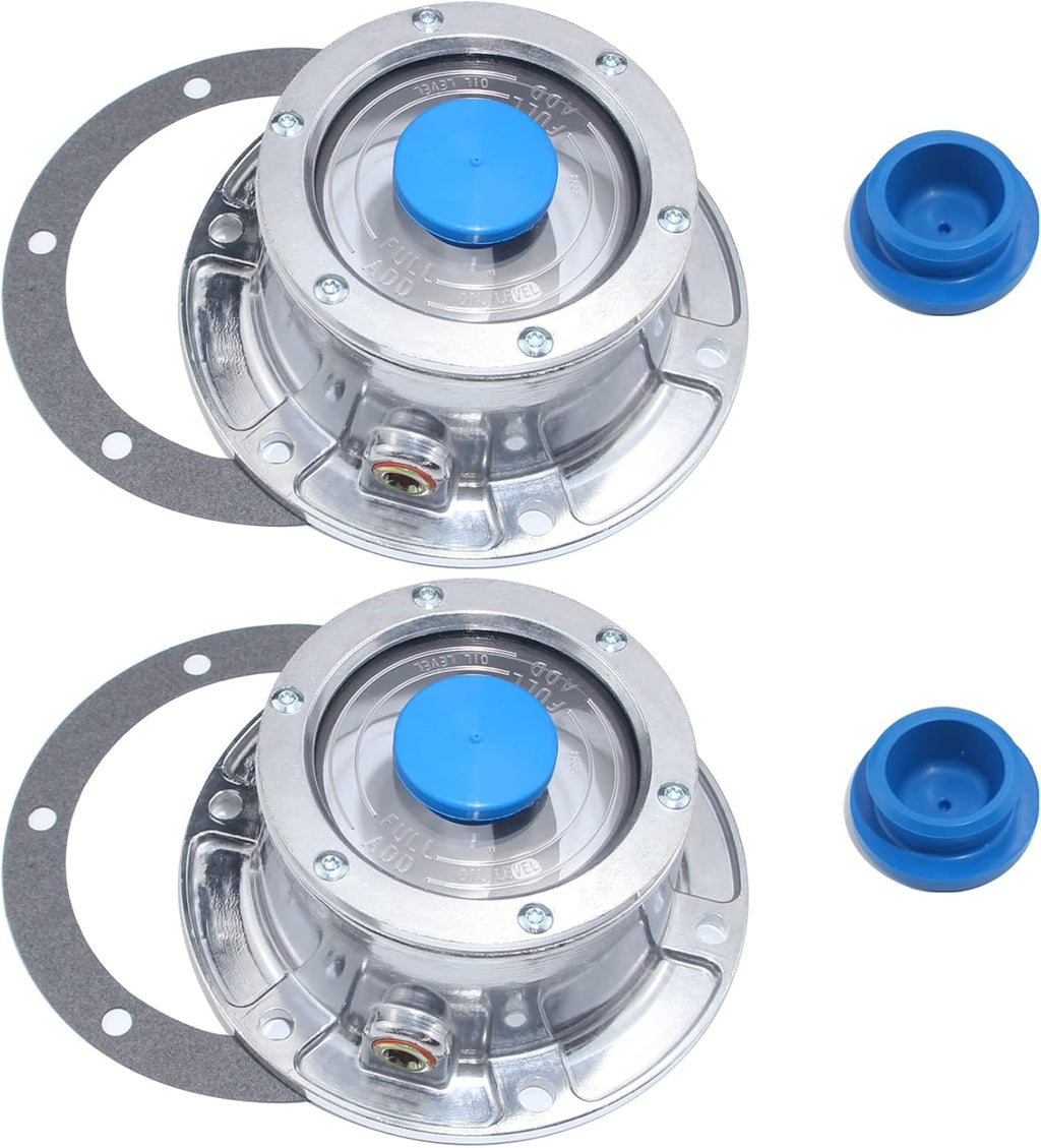 iBroPrat 2pcs 343-4009 Aluminum Hub Cap for Trailer Axle, 3434009 6 Holes Hub Caps with Side Pipe Plugs Gaskets and Extra 2pcs Blue Rubber Plugs