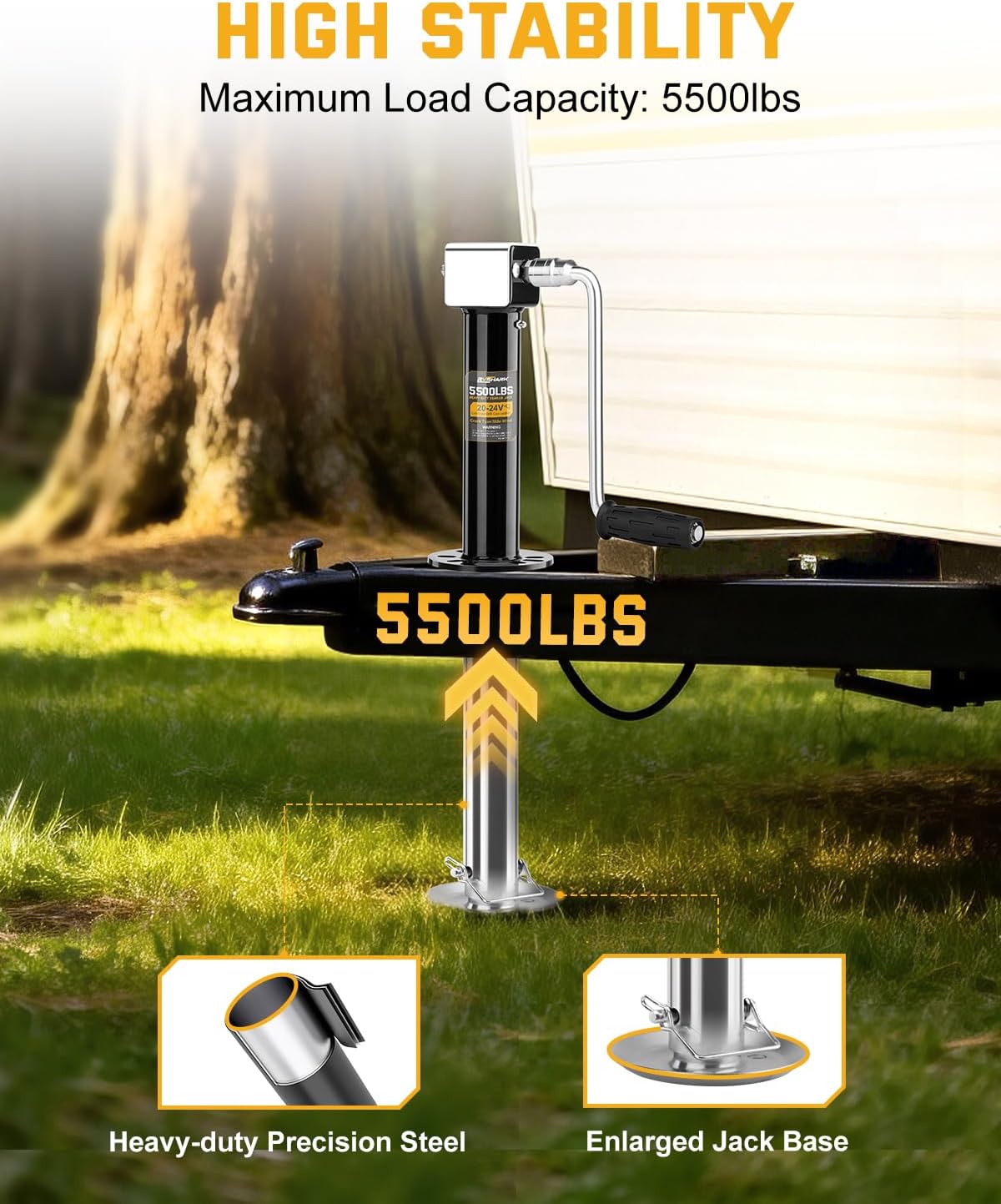 5500 lbs A-Frame Trailer Jack, Heavy Duty Trailer Tongue Jack for RV and Utility Trailer, 20-24V Cordless Drill Compatible, 7-Level Adjustable Drop Leg with 11.4 to 37.2-Inch Lift Range, Black