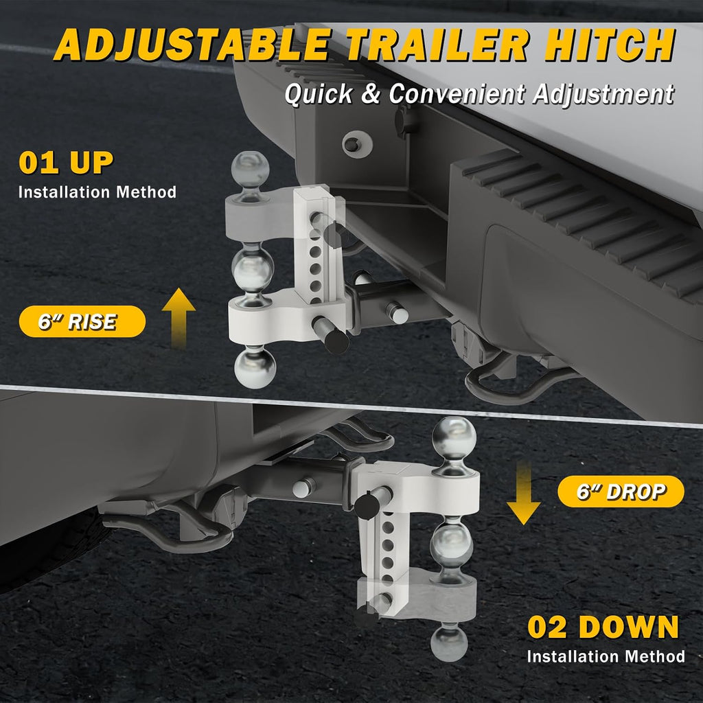 Aluminum Adjustable Trailer Hitch for 2-Inch Receiver 6 Inch Drop/Rise Hitch Ball Mount with 2" and 2-5/16" Ball Hitches Heavy Duty 12,500 LBS GTW Towing Hitch