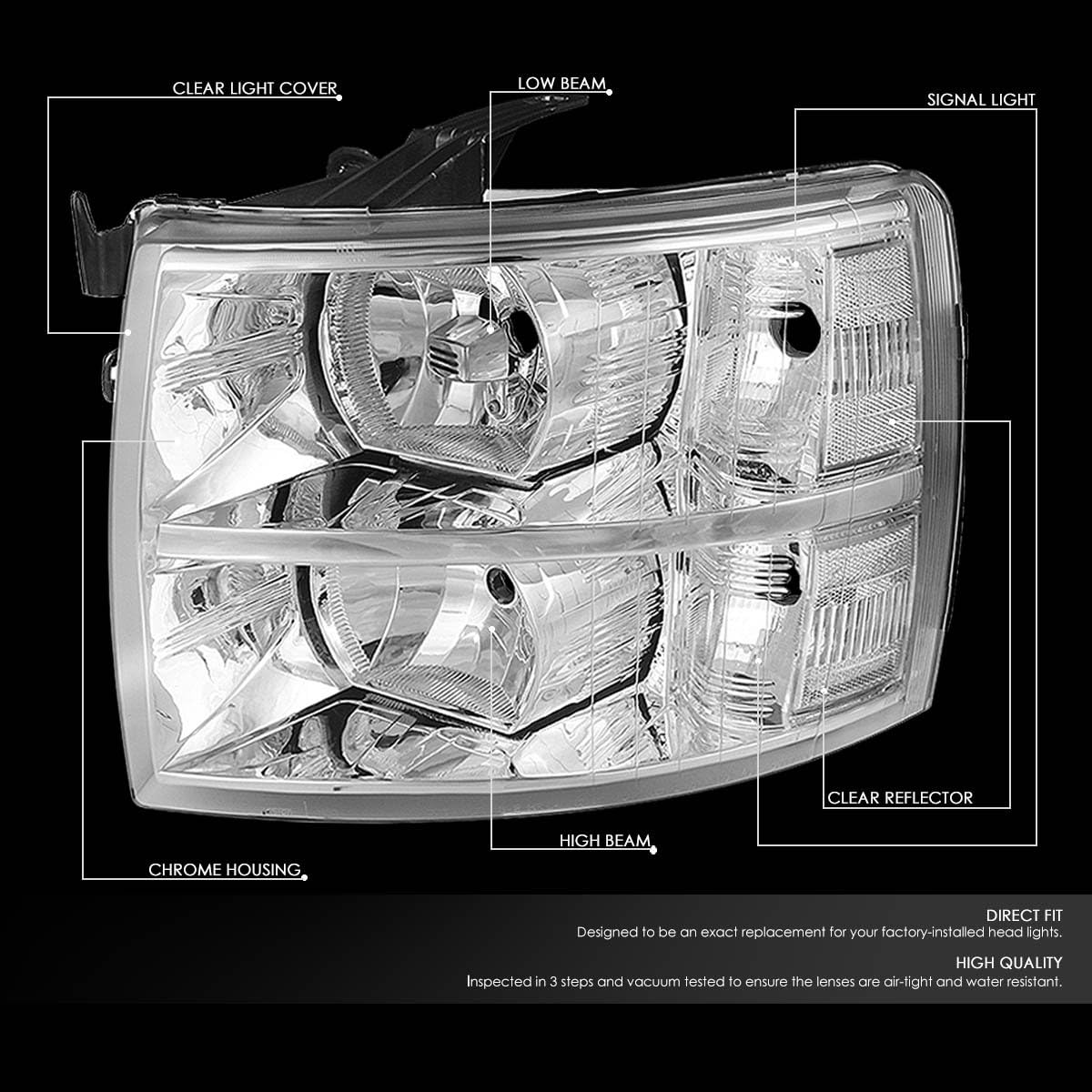 DNA MOTORING HL-OH-CSIL07-CH-CL1 Pair of Chrome Housing Headlights Compatible with 07-13 Silverado 1500/07-14 Silverado 2500 HD 3500