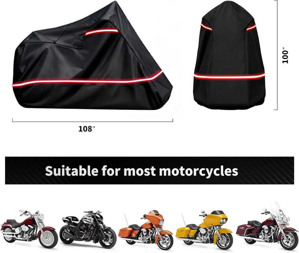 Full Enclosed Motorcycle Cover - Waterproof for Outdoor & Indoor Storage,600D Heavy Duty with Reflective Strips,Fits Scooters & Touring Motorcycles up to Length 108" x 45" x 59" Black
