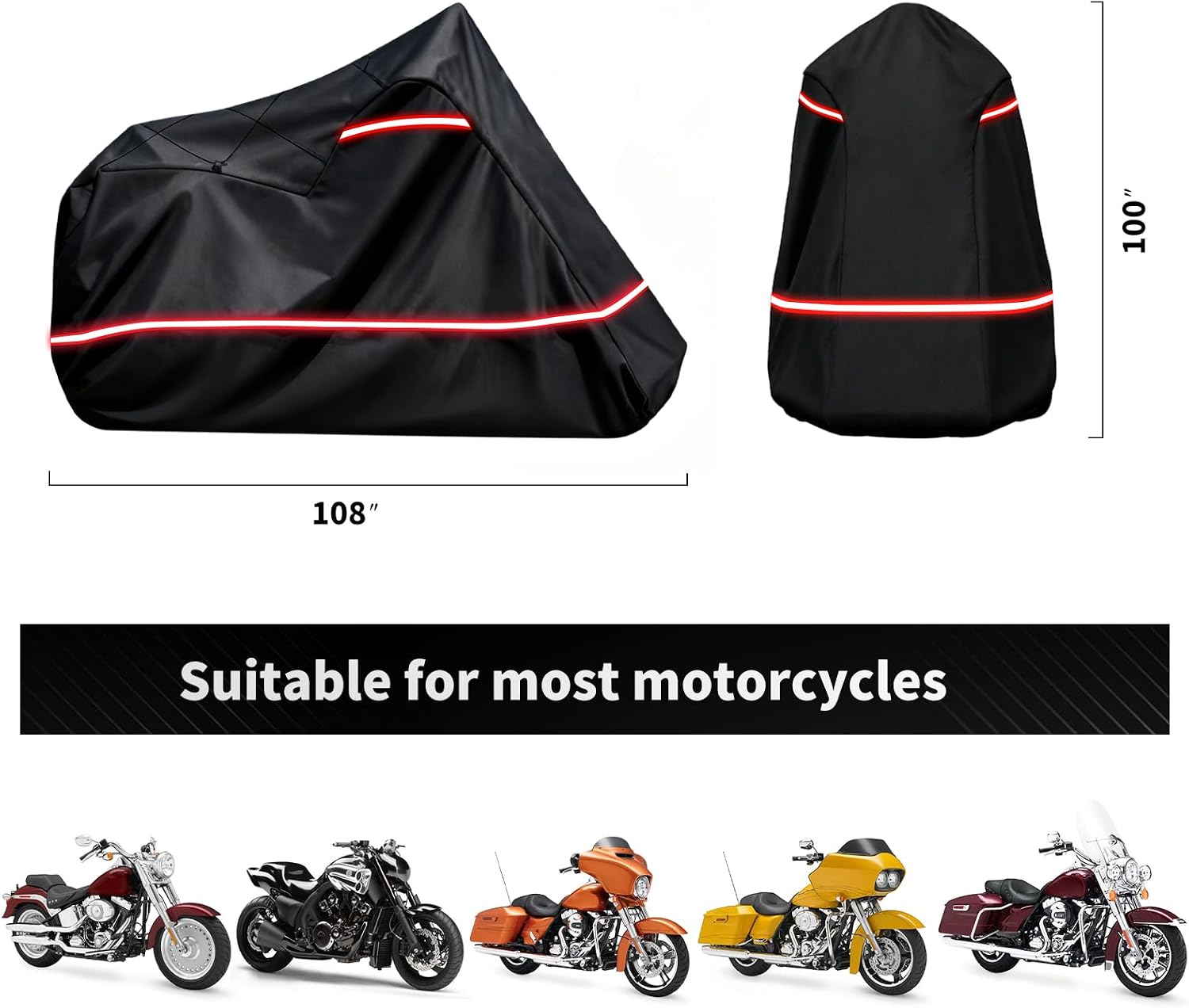Full Enclosed Motorcycle Cover - Waterproof for Outdoor & Indoor Storage,600D Heavy Duty with Reflective Strips,Fits Scooters & Touring Motorcycles up to Length 108" x 45" x 59" Black