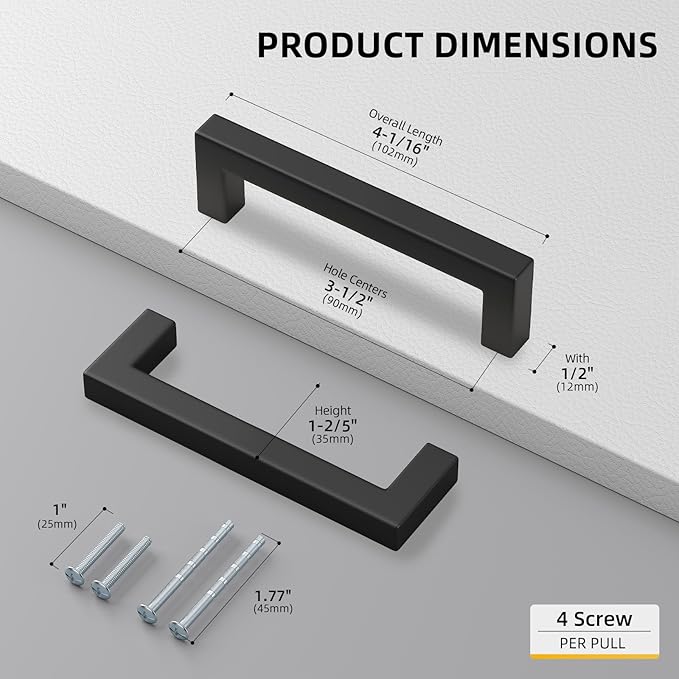 Goldenwarm 10Pack Black Square Bar Cabinet Pull Drawer Handle Stainless Steel - Image 2