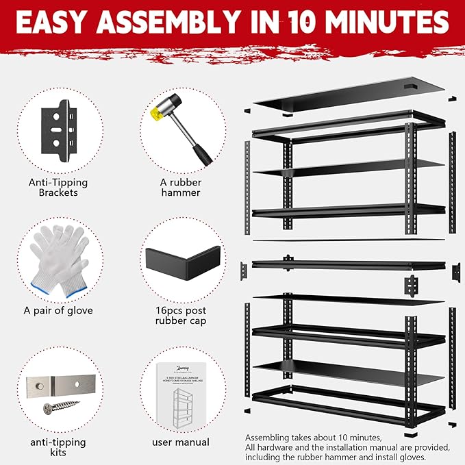 48" Wide Garage Shelving Heavy Duty 3000LBS, 5 Tier Adjustable Storage Rack - Image 8
