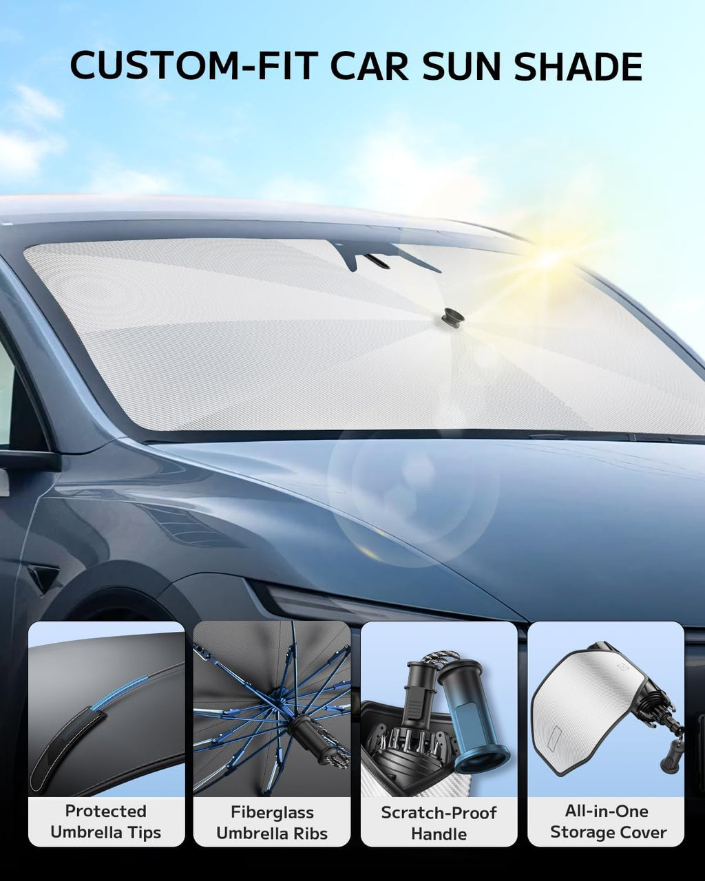 Car Windshield Sun Shade Umbrella for Acura&B MW&Chevrolet&Dodge&Ford&GMC&Honda&Jeep&Kia& L EXUS&Lincoln&Mazda&Nissan&Subaru&Tesla&VW [600D Carbon Fiber] Upgraded Scratch-Resistant Handle