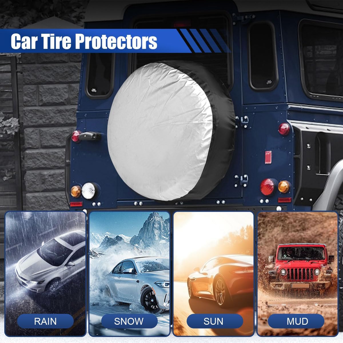 4PCS Car Tire Covers Set, Waterproof RV SUV Trailer Spare Tire Storage Bag with Handle, Portable Anti-UV Sun Snow Rain Wheel Cover, Dustproof Wheel Protector for 19-23 Inch Tires Diameter (L)