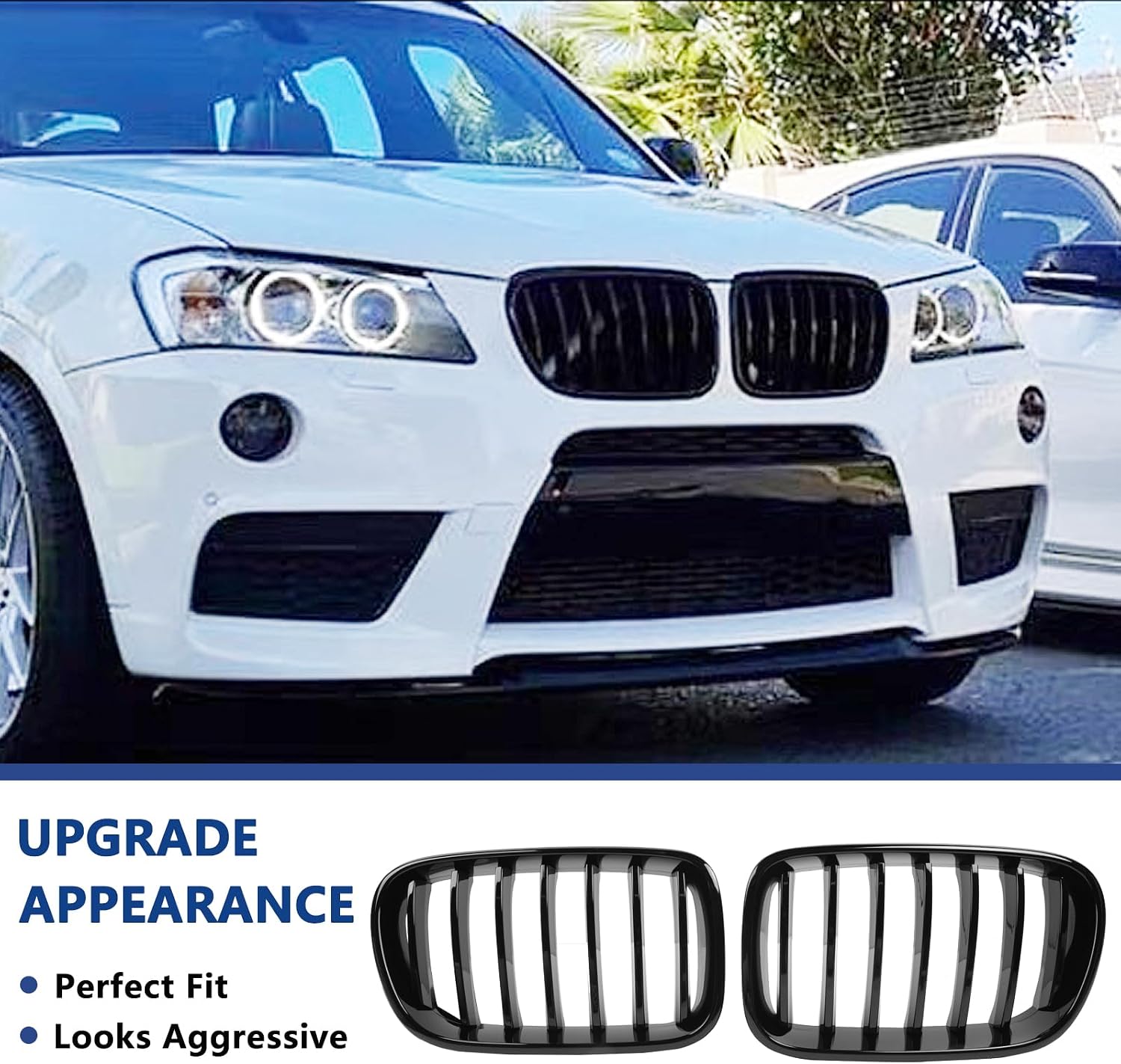 F25 Grill, Single Slat Gloss Black Kidney Grille,ABS Plastic,2pcs | Direct Snap-on Replacement,Sporty Style Upgrade,Compatible with BMW 2011-2013 X3 F25 28i 30d 35i 35d (xDrive)