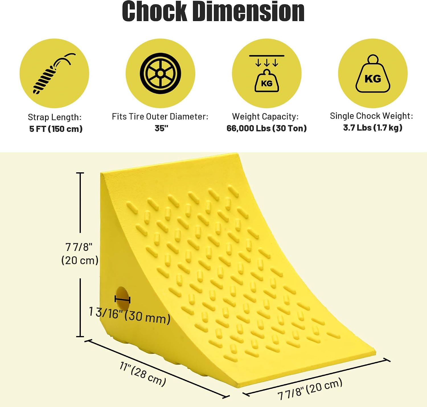 Yescom PU Wheel Chocks for Wheel Under 35" with 5ft Rope, 66,000 lbs Heavy | Duty Capacity, Lightweight Car Chocks for Off-road Car, Full-size Pickup, Heavy-duty Trucks