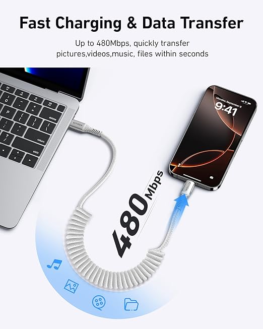 Coiled USB C to C Cable for Car 3ft, Samsung Galaxy, Google Pixel, TCL - Image 5