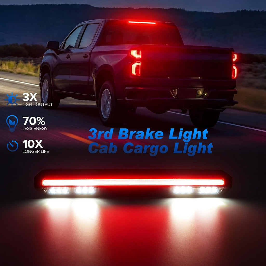 LED 3rd Third Brake Light Compatible with 2019-2025 Silverado Sierra 1500 2500HD 3500HD (Only for Models without Any Cargo Bed Camera) High Mount Rear Brake w/ Truck Cab Cargo Lights, Smoked Len