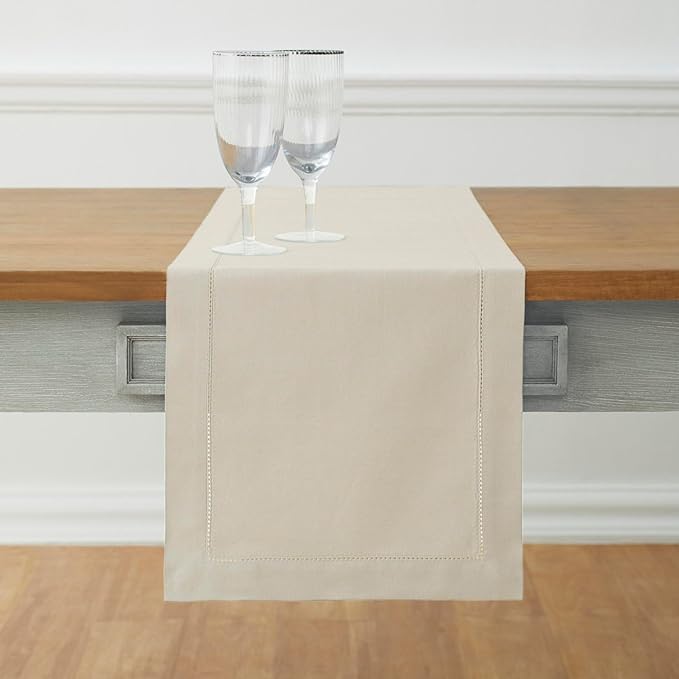 Solino Home Cotton Linen Table Runner 120 Inches Long - Hemstitch Linen Dinin...