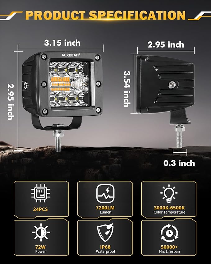 Auxbeam LED Pods 3 Inch 72W Amber Fog Light, 6 Modes Strobe Cube Pod Light Bar - Image 5