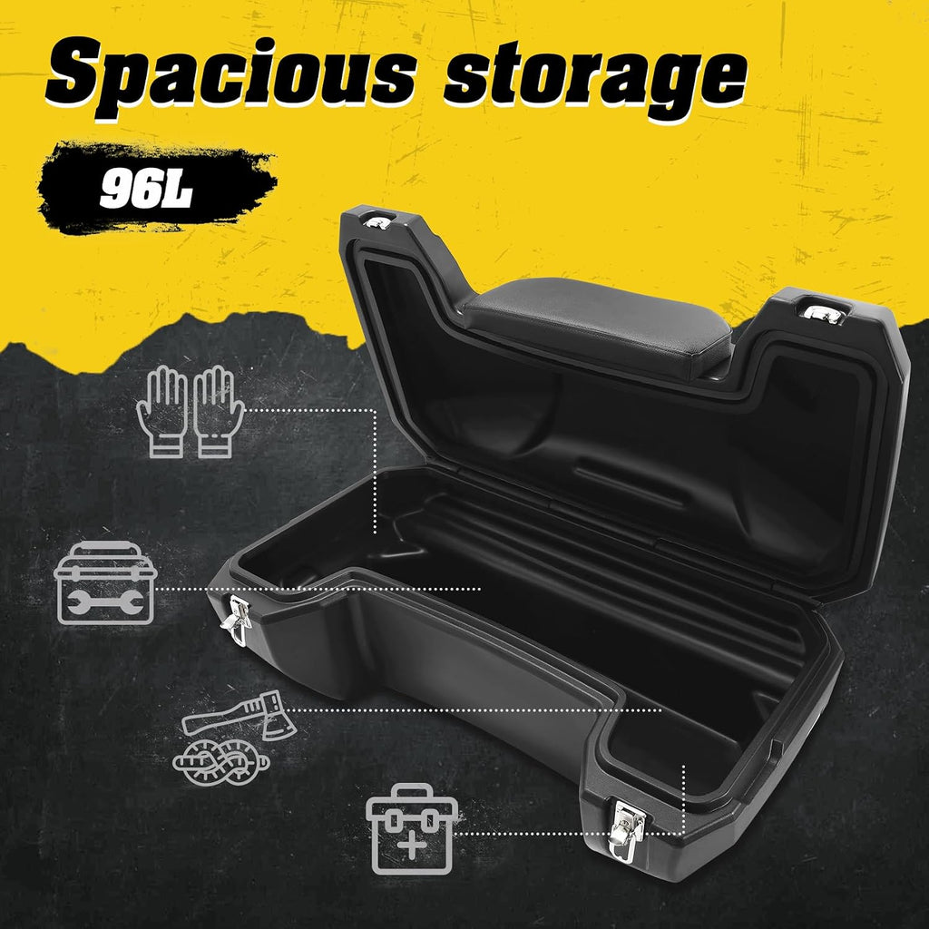 TCMT 96L ATV Storage Box Rack Basket Rear Cargo Trunk Luggage Tail Box with Backrest Universal