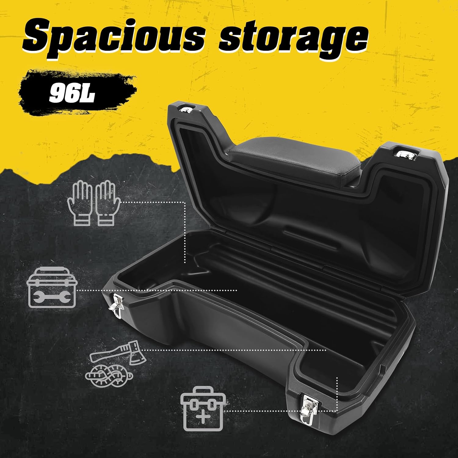 TCMT 96L ATV Storage Box Rack Basket Rear Cargo Trunk Luggage Tail Box with Backrest Universal