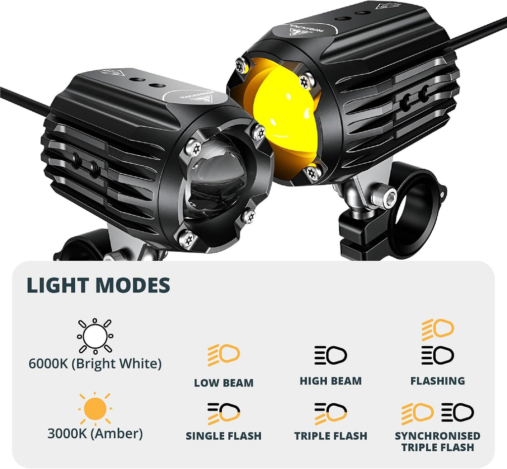 Tackform Dual Motorcycle Auxiliary LED Lights | 6000 Lumens, 60W, 3000K-6000K, IP68 Waterproof | Billet Aluminum | 360° Swivel Mount | For 7/8", 1”, 1 1/4" Bars Only | Motorcycle, 4 Wheeler, Dirt Bike