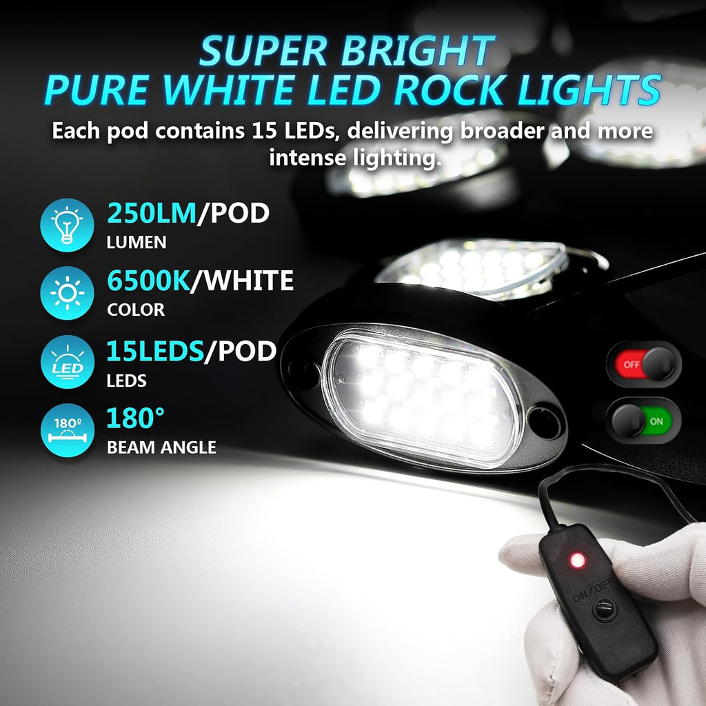 20Pods All Pure White LED Rock Lights Full Kit Plug and Play & Pre Wired 6500K with Switch Wiring Harness Extension Fuse Long Wires, 300Chips Waterproof Underglow 12V for Semi Trucks Pickup Offroad