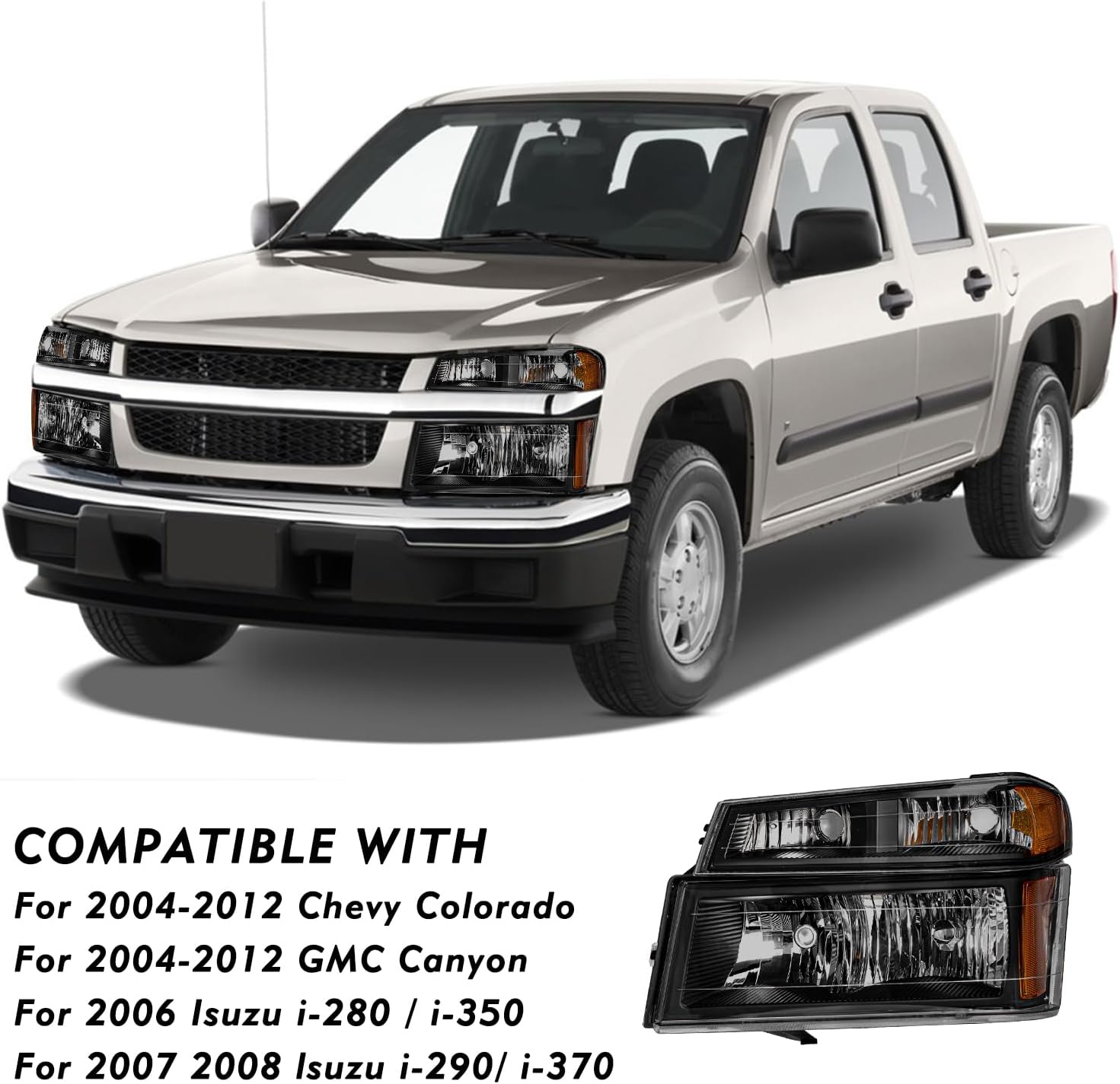 TUSDAR 4pcs Headlight Assembly Set Replacement for 2004-2012 Chevy Colorado/GMC Canyon, 2006-2008 Isuzu I-Series w/Bumper Lights Black & Smoke