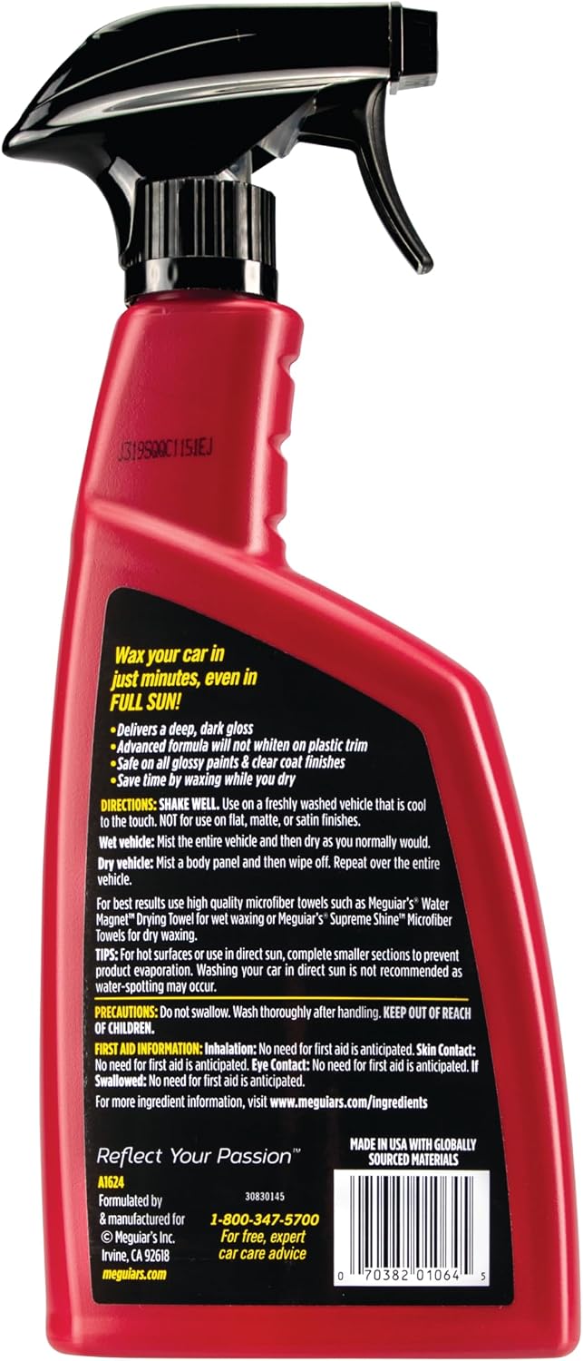 Meguiar's Quik Wax, Spray Wax for Car Detailing that Creates a Deep Shiny Look, Can Be Applied to Wet or Dried Paint and In Direct Sunlight, Moisture Rolls Off Waxed Paint, 24 Oz
