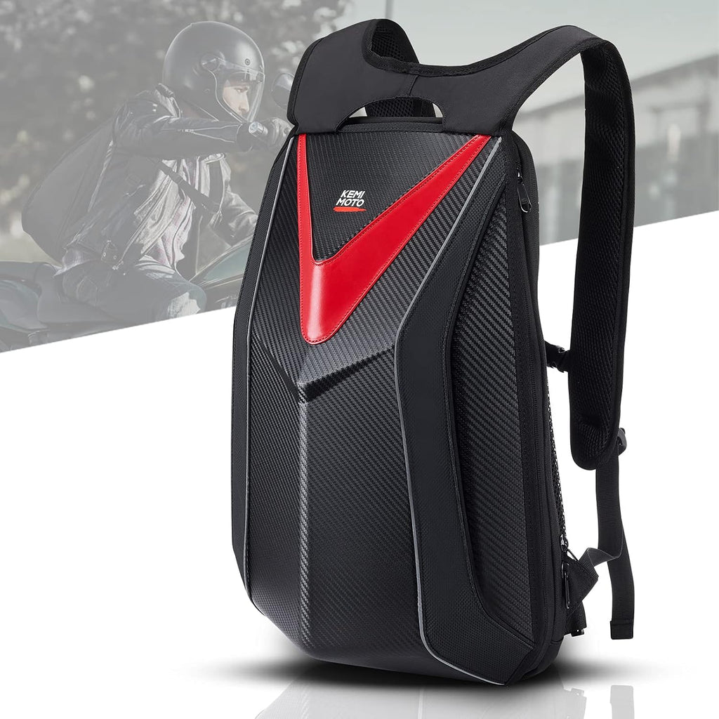 KEMIMOTO Motorcycle Backpack, Hardshell Helmet Backpack 22L Carbon Fiber Reflective Riding Bag, Waterproof Lightweight with Laptop Compartment for Men Riding Commuting Travel Riding Work