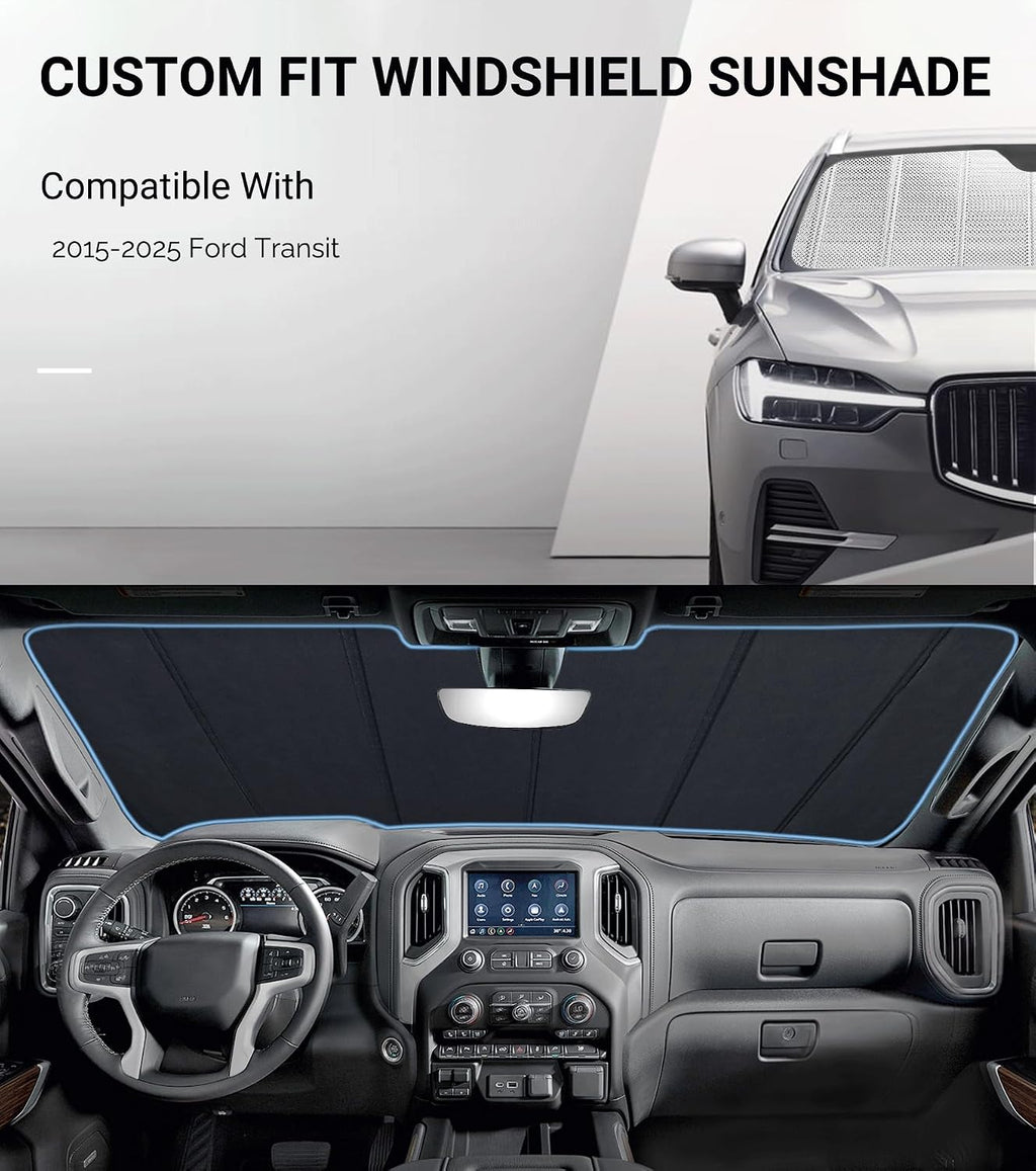 Pigenius Windshield Sun Shade for Ford Transit 2015-2026. Reflective Aluminum Film Front Window Sunshade - BLAZBLOCK