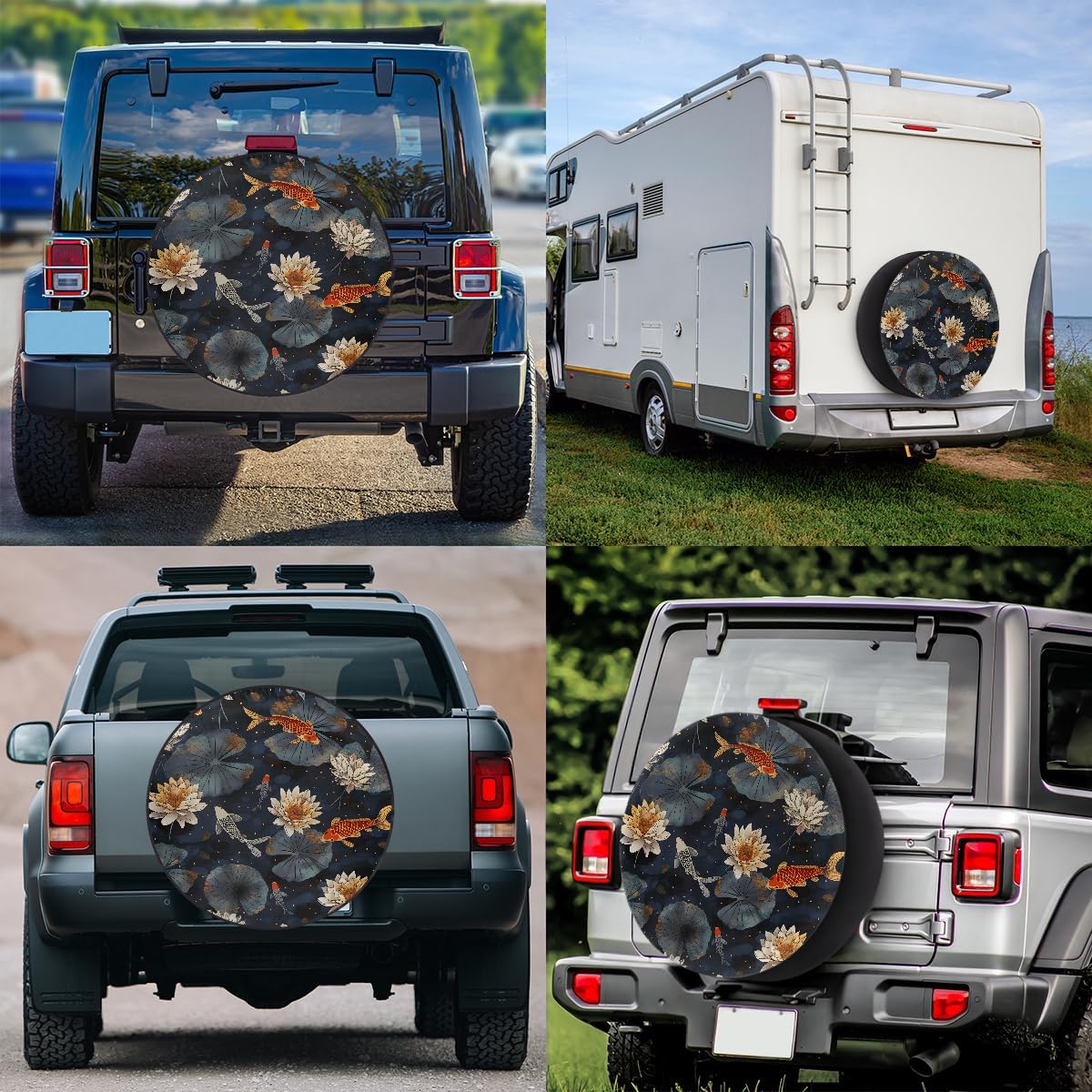 Rv Spare Tire Cover Wheel Lotus Fish Art Tire Covers Wheel Protectors Universal Fit for Camper RV SUV Truck Travel Trailer Accessories Waterproof Cover 15 inch for Diameter 27-29in