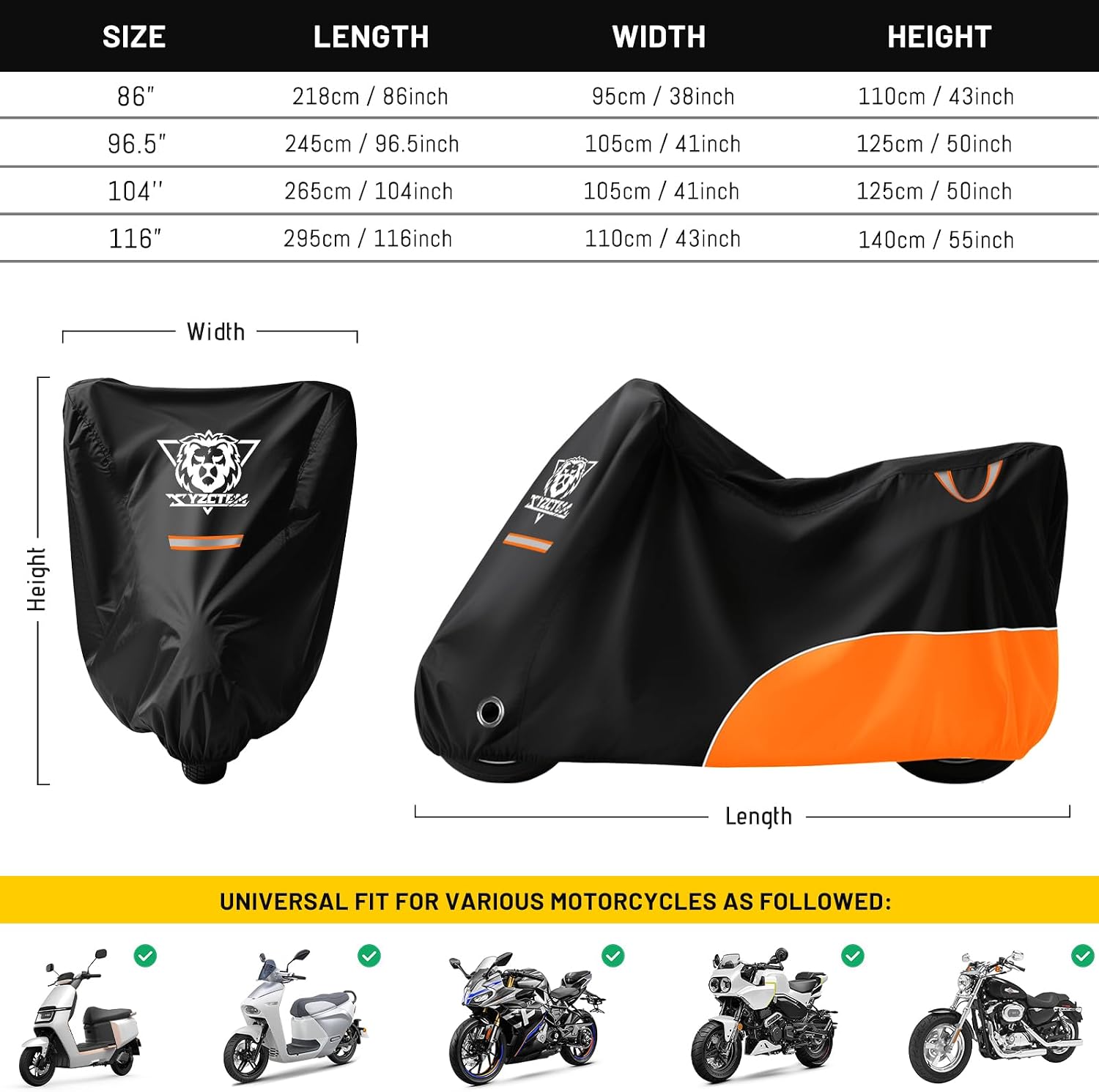 XYZCTEM Motorcycle Cover All Season Waterproof Outdoor Protection, Fit up to 116 Inch Tour Bikes, Choppers and Cruisers – Protect Against Dust, Debris, Rain and Weather (Black and Orange)