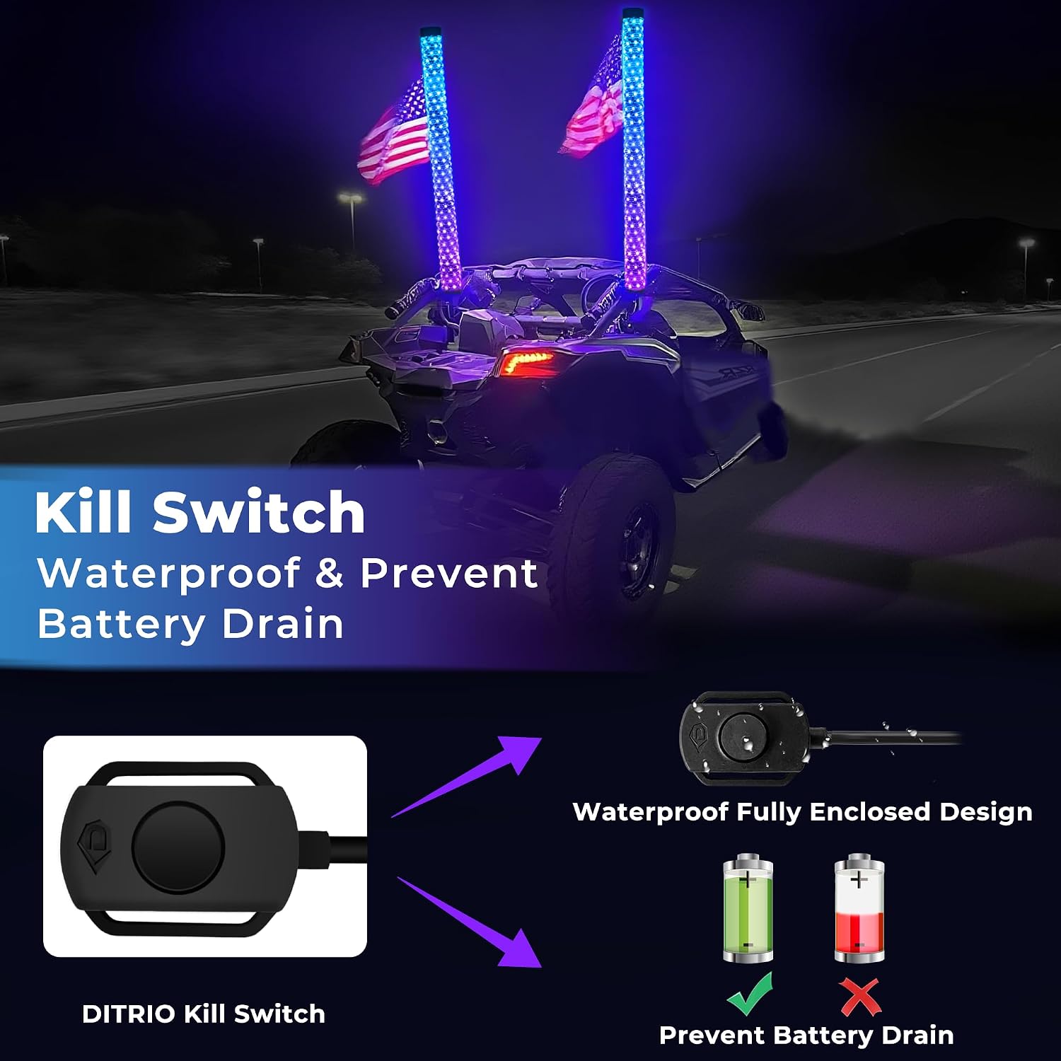 2 Pack 3FT Fat Whip Lights with App & Remote Control, Spiral RGB Chasing Lighted with Kill Switch, Side by Side Whip Lights with 4 Flags for UTV ATV SXS Truck, Multi Color, Waterproof, Music Mode
