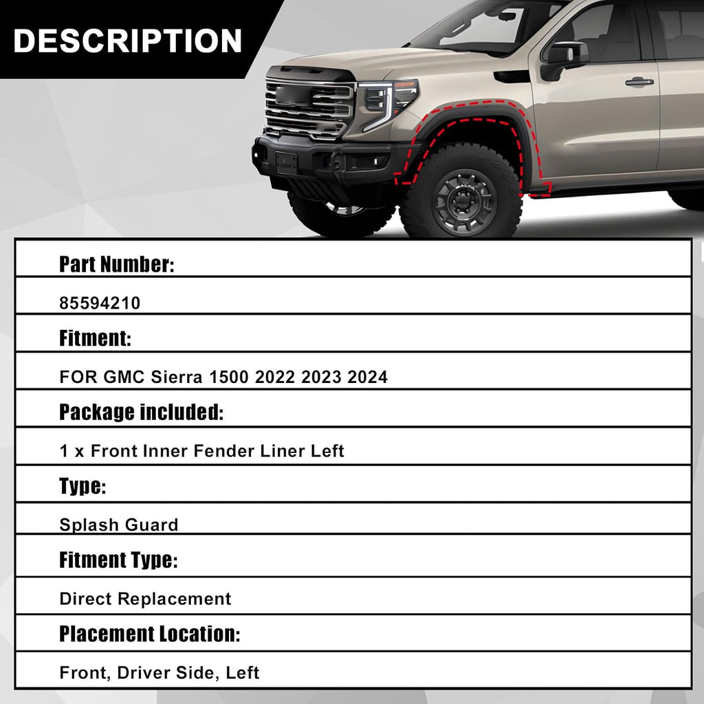 SecosAutoparts Fender Liner Front Driver Left Side Compatible with GMC Sierra 1500 2022 2023 2024 Replace# 85594210