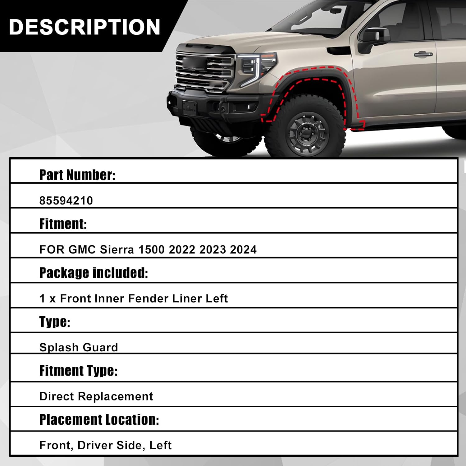 SecosAutoparts Fender Liner Front Driver Left Side Compatible with GMC Sierra 1500 2022 2023 2024 Replace# 85594210